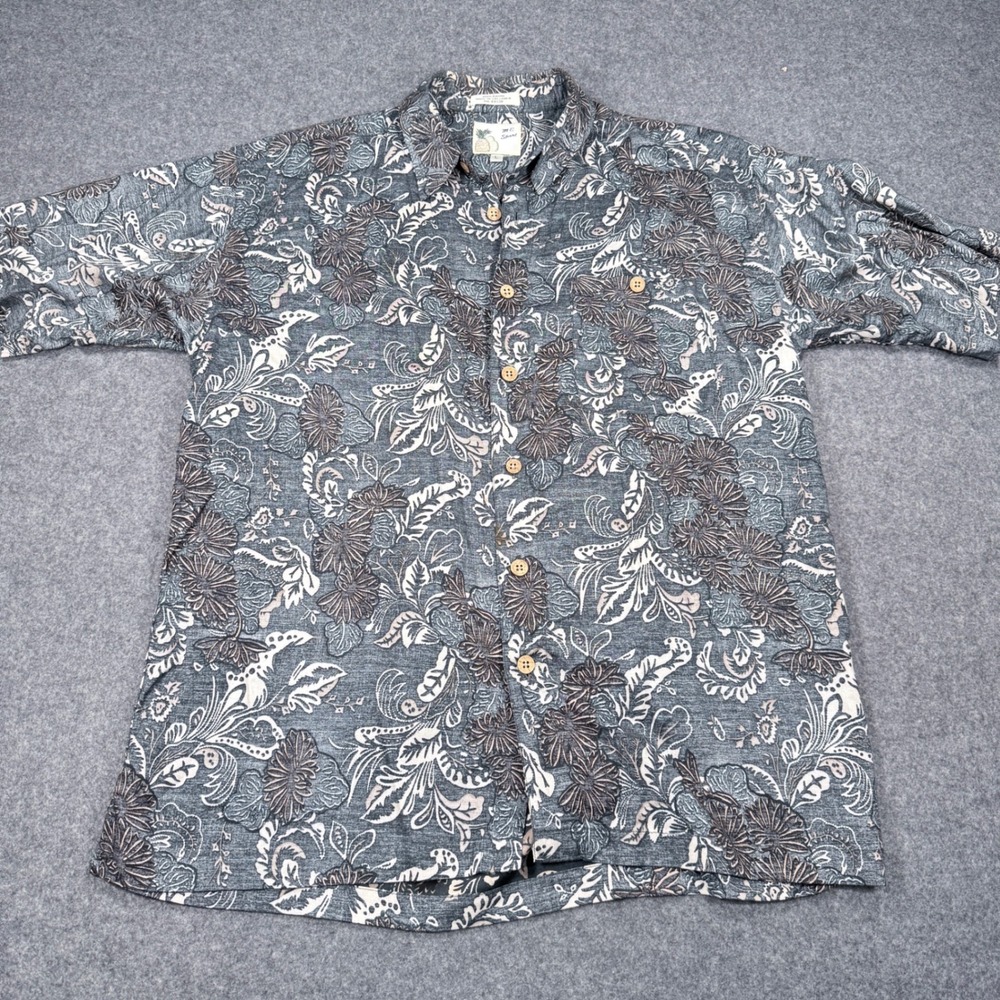 ME Sport Mens Large Rayon Button Up Shirt Tropical Floral Paisley Grey 2920